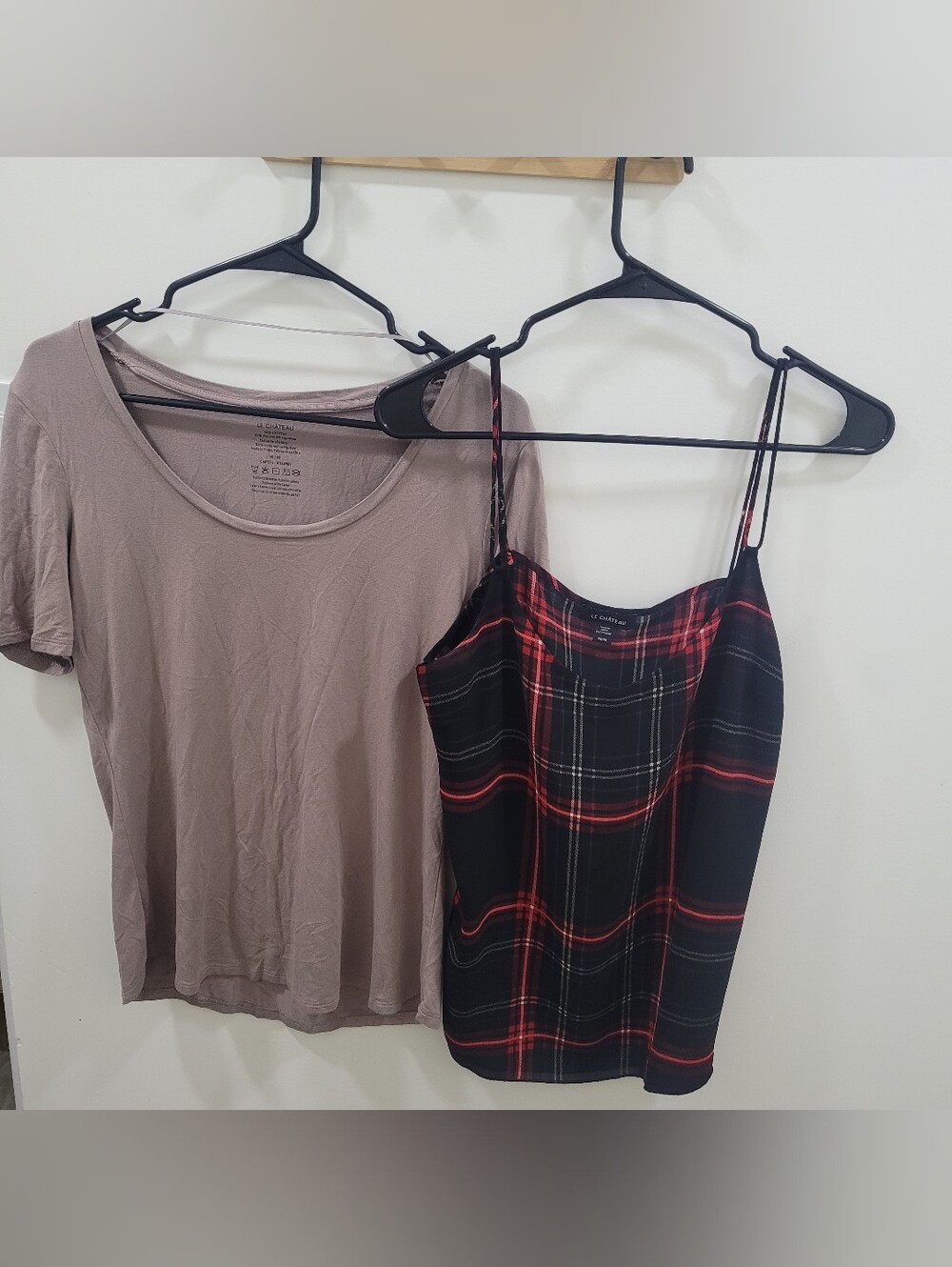 2pack Le Chateau Black and Red Plaid Spaghetti Strap Cami + Brown Cotton Tshirt